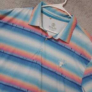 Scales Polo Shirt Men Extra Large Performance Fishing Sunset Stripe Blue Boating